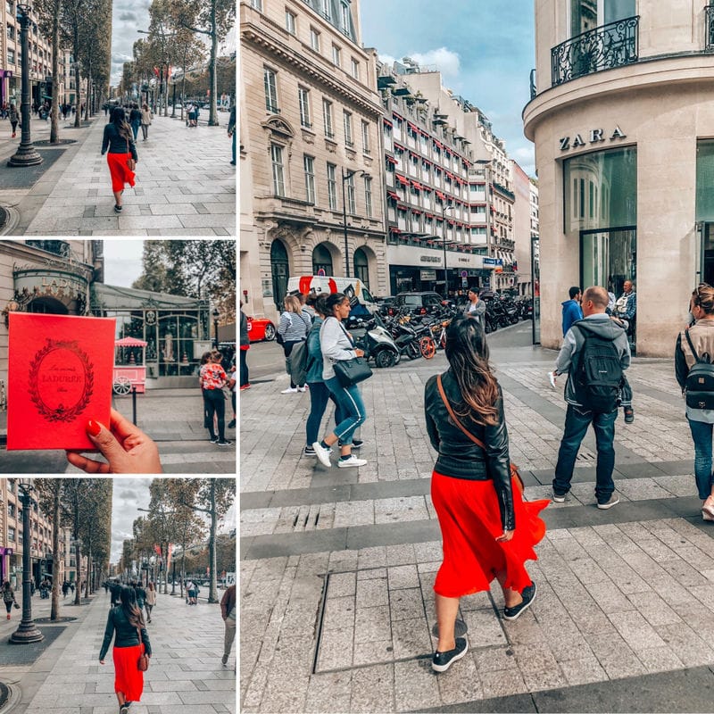 香榭丽舍大街上，穿着红裙子的女孩走在拉杜丽马卡龙的小巷里。完美的巴黎4天行程-体验最好的观光，在巴黎4天要做的事情，吃什么，住在哪里和其他旅行提示bob娱乐游戏平台
