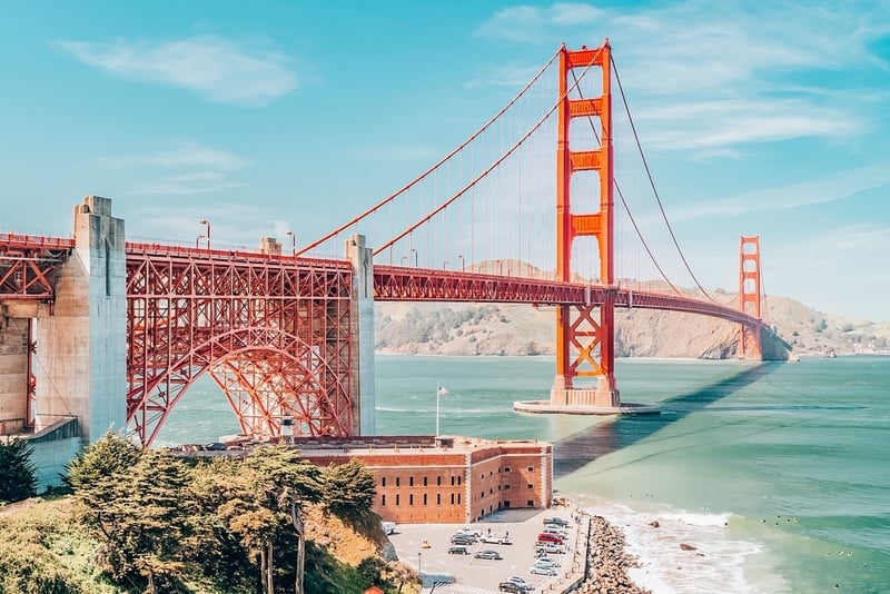 金门大桥位于美国加利福尼亚州旧金山，太平洋西海岸
