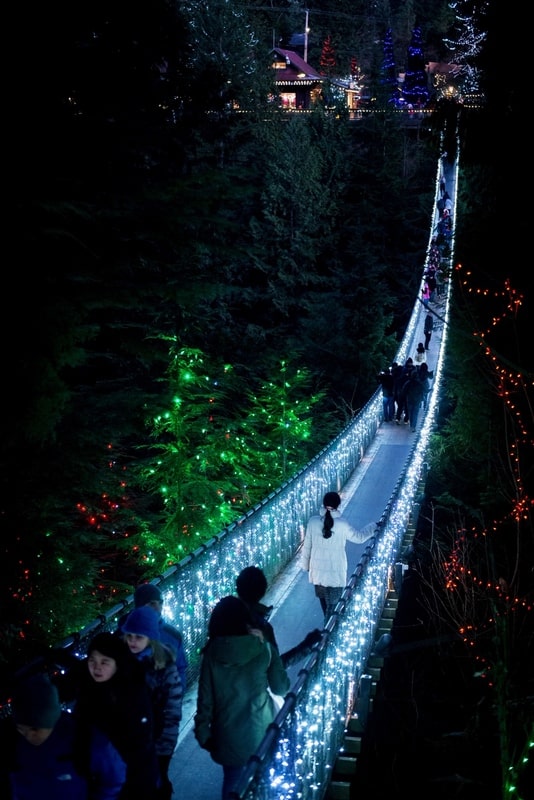 2014年新年前夜，加拿大温哥华的卡皮拉诺吊桥为圣诞节和新年点亮了灯光。